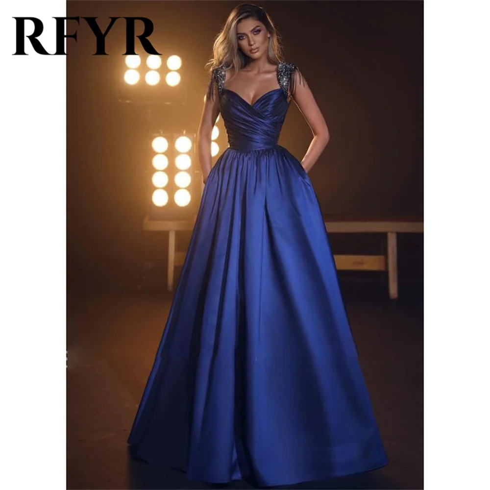 

RFYR Royal Blue A Line Prom Dress Stain Spaghetti Strap Celebrity Dress Evening Dress with Beaded Formal Gown 프롬 드레스 Customized