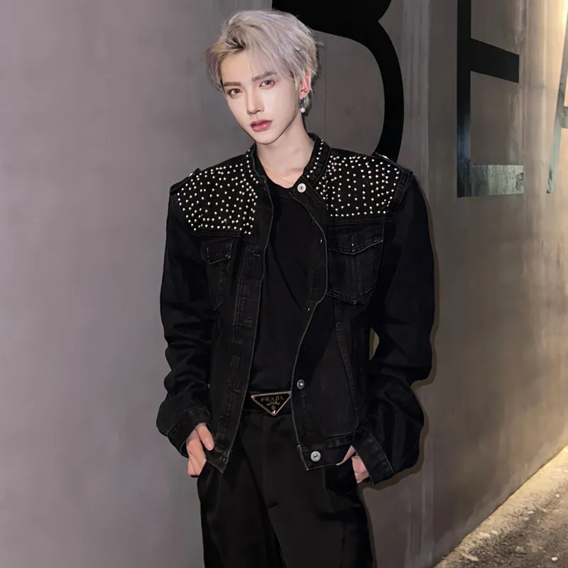 

Retro Decorative ort Denim Jaet Stand Collar Men's Model Vintage Pearl Embelliment Loose Fit Youthful Sle Autumn Winter