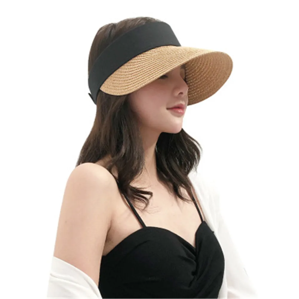 빨대 모자 바이저, 넓은 챙, 휴대용 비치 모자, 여름
