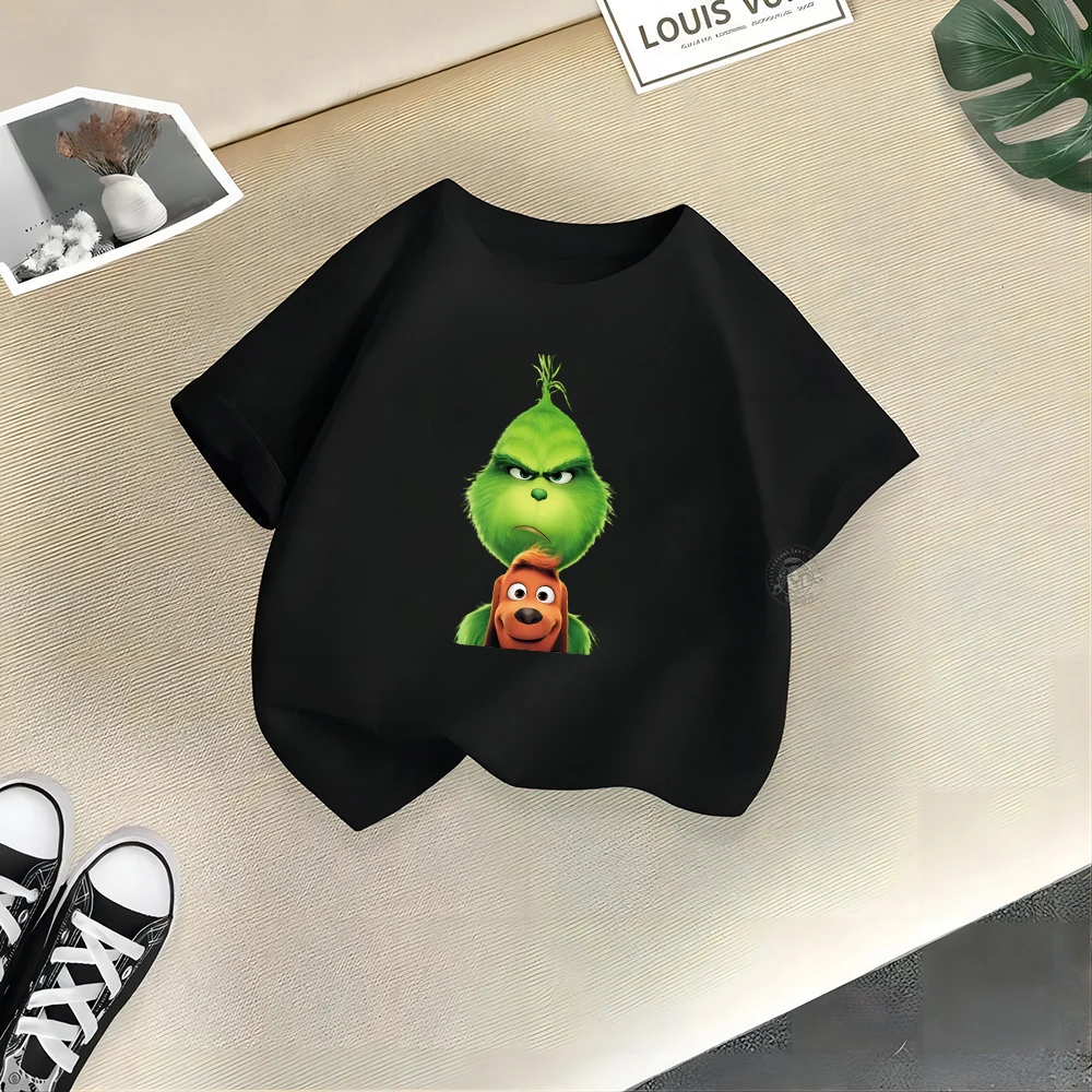 Disney Summer Comfort 100% Cotton Naughty Boys Girls T-shirt Grinch Creative Print Street Y2K Casual Cotton Boys Girls Top