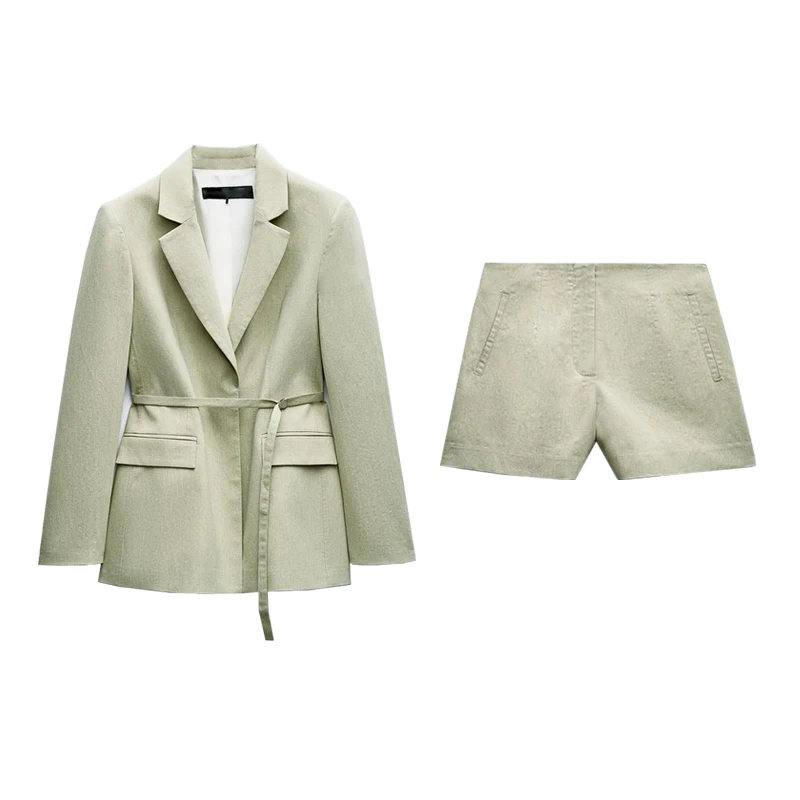 

Spring Commuter Sle Slim Belted Suit Jaet 30534 High Waist Casual orts 30034 New Faion Set Women's Woolen Long Sl...