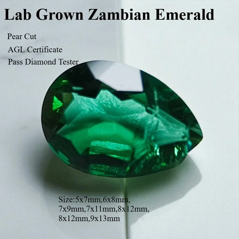 Lab Grown Zambian Emerald- Hydrothermal, Hand-Cut, Pear Shape, with Cracks Inclusions, Selectable AGL Certificate For Jewelry