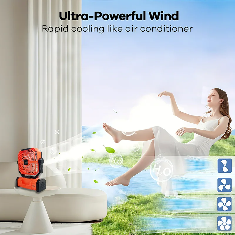 

Rechargeable Camping Fan Portable Air Circulators for Tent Power Outages Jobsite with LED Light and Hook Outdoor Fan