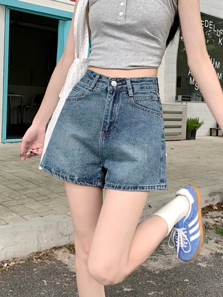 

Летние новые американские ретро-джинсовые шорты для женщин: свободные, с высокой талией, больших размеров, широкие штанины, А-силуэт, укороченные, визуально стройнящие фигуру