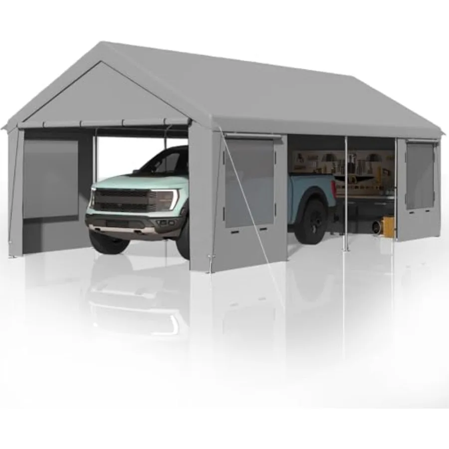 Carport, 12 x 24 FT Heavy Duty Carport with Roll-up Windows, Portable Garage with Removable Sidewalls, Car Canopy with Sandbags