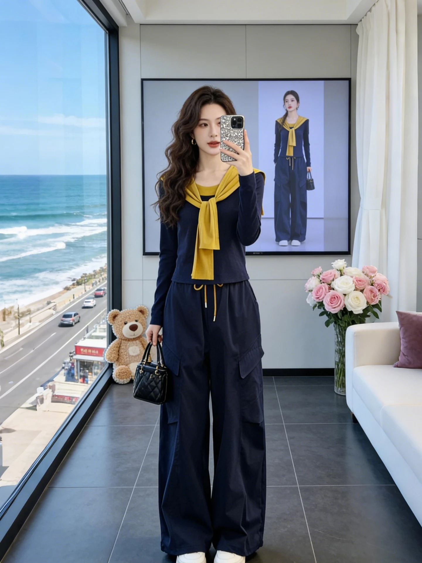 

Весенний модный комплект 2026: Новинка! Женский костюм-двойка с цветовыми блоками, длинными рукавами, свободными брюками-палаццо. Элегантный повседневный стиль для офиса.