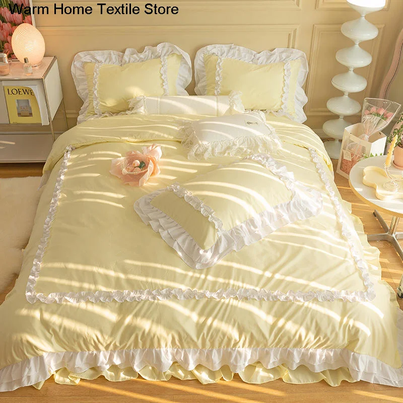 Korean Ins Bedding Set, Luxury Quilt Cover, Pillowcase Flat Bed Sheets, Simple Girl Princess Ruffle Home Textiles