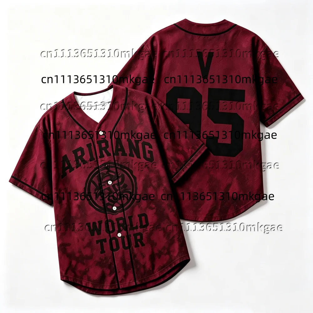 Kpop-Mode Rotes Batik-Baseball-Jersey für Männer Arirang Nummer Buchstabe 92-97 Druck Kurzarm Knopfleiste Hip-Hop Streetwear Hemden – Detail 5