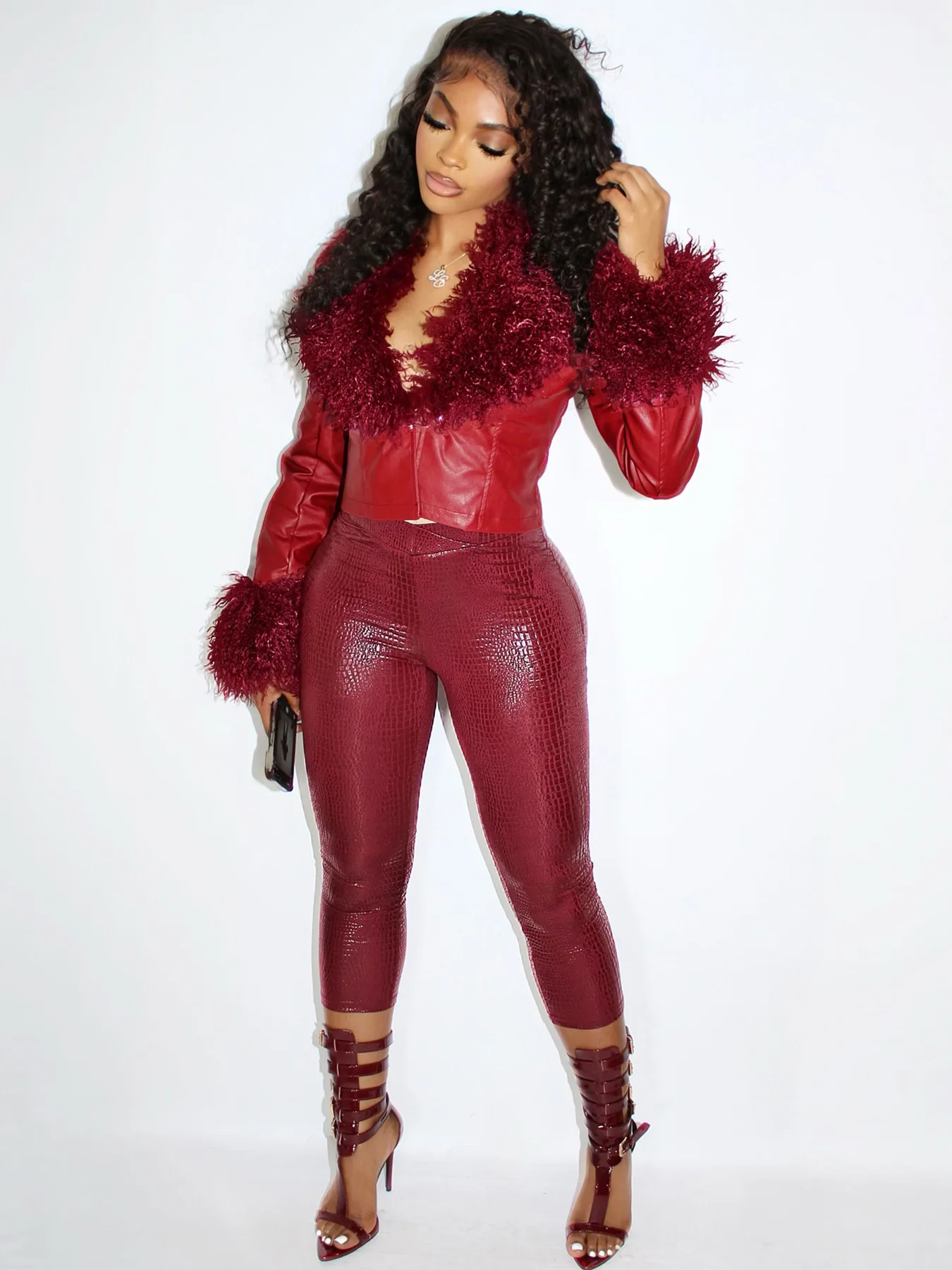 Women Jacket Autumn Winter Fashion Plush Collar Pu Leather Crop Jackets Streetwear  Buckle Cardigan Cinched Waist Leather  Coat