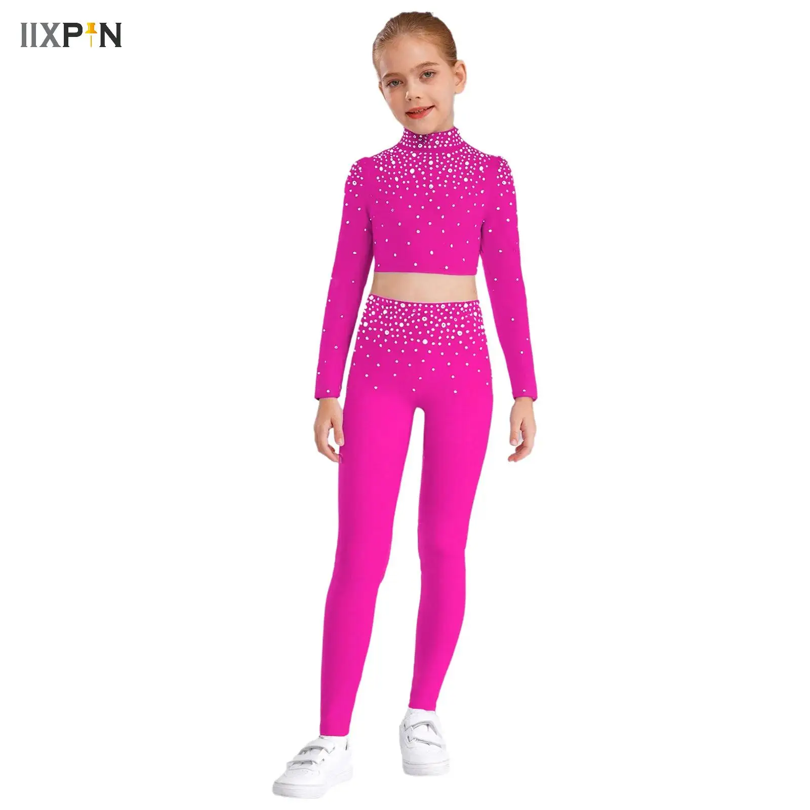 

Kids Girls Figure Skating Gymnastics Performance Sets Shiny Rhinestones Metallic Long Sleeve Crop Top with Pants Yoga Sportswear