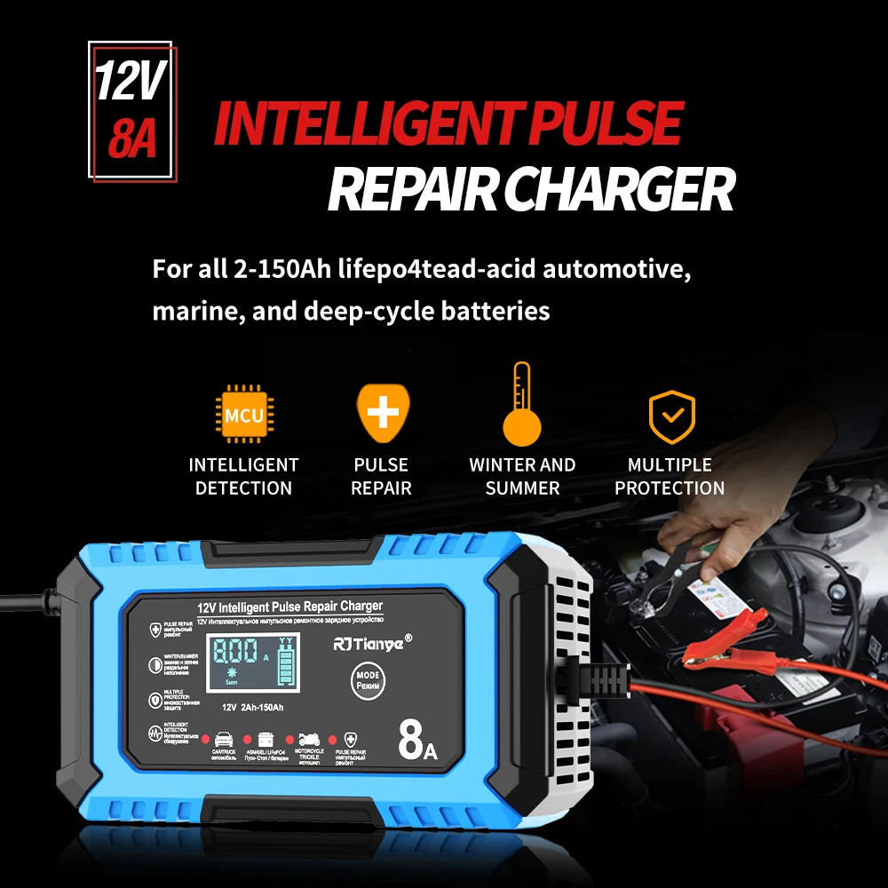 Carregador de bateria de carro com tomada UK 12V 8A Dispositivo de carregamento de bateria de carro e motocicleta Bateria de chumbo-ácido Reparação inteligente Display LCD