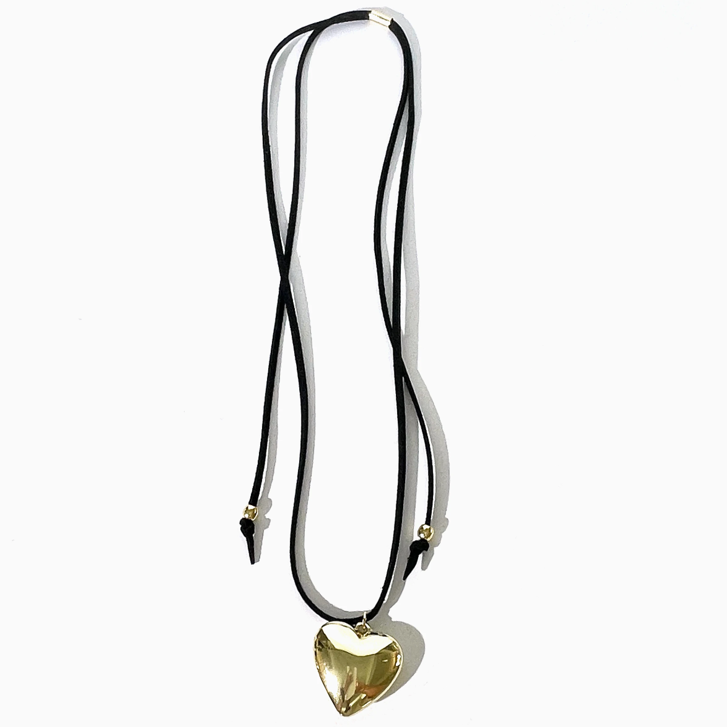 Peri'sbox Trendy Gold Silver Plated Puffed Heart Pendant Black Cord Long Wrap Tie Choker Necklace for Women String Necklaces Y2K