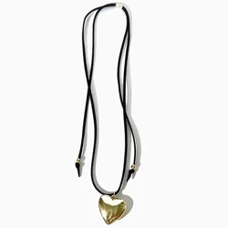 Peri'sbox Trendy Gold Silver Plated Puffed Heart Pendant Black Cord Long Wrap Tie Choker Necklace for Women String Necklaces Y2K