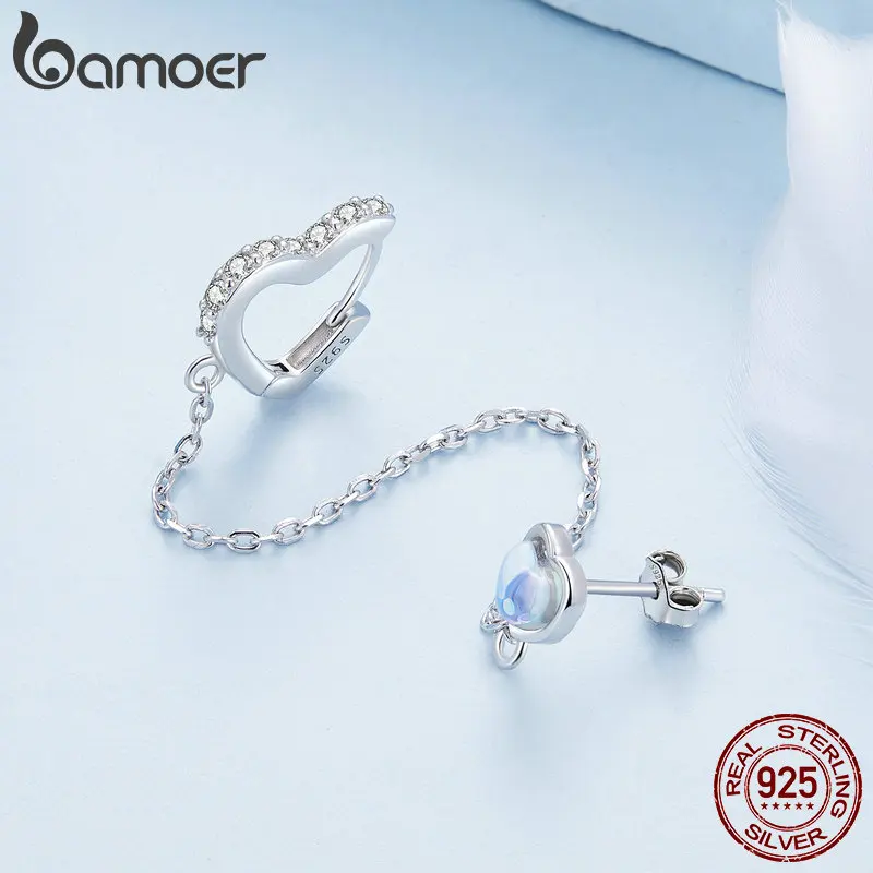 BAMOER Genuine 925 Sterling Silver Heart-Shaped Chain Ear Clips for Women Wedding Statement Elegant Earings BSE864