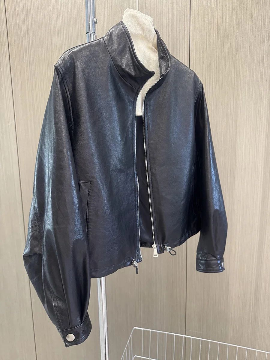 الخريف/الشتاء الأزياء الوقوف طوق خمر شيرلينغ سترة عارضة سترة جلدية معطف قصير للنساء