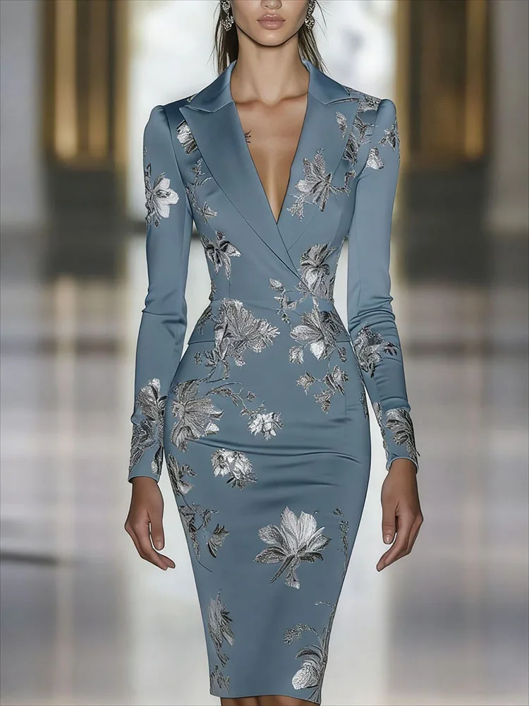 우아한 럭셔리 플로럴 프린트 바디콘 미디 드레스 레트로 브이넥 긴팔 핏 연회 드레스 기품 있는 하이웨이스트 랩 힙 드레스