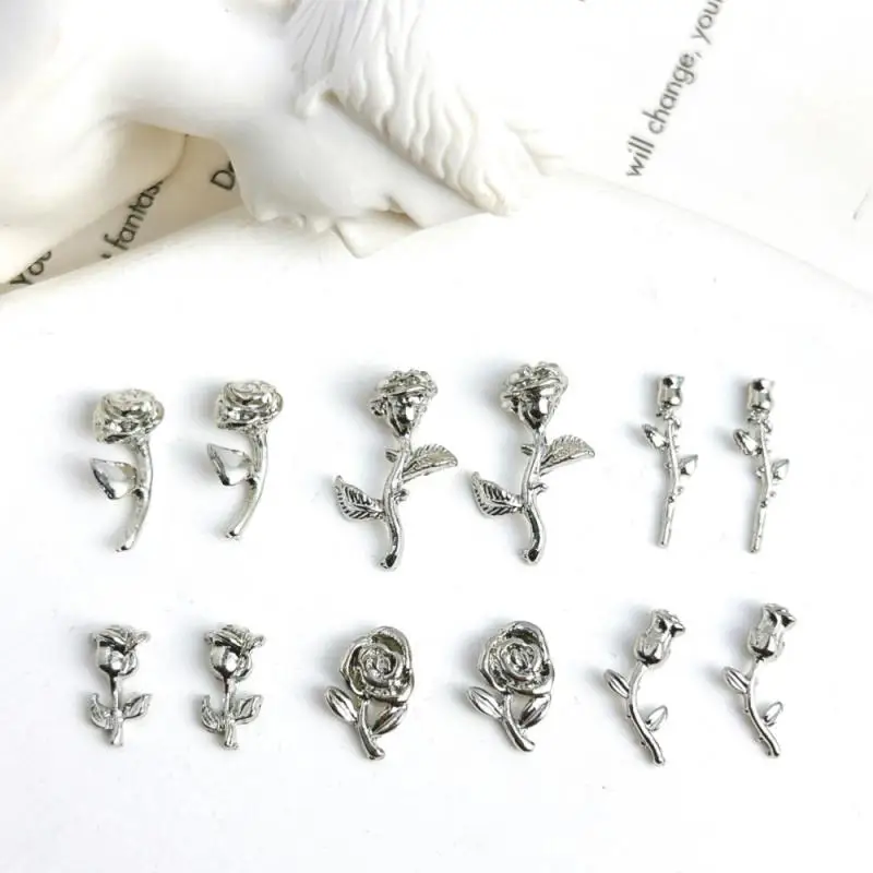 20pcs Light Luxury Metal Alloy Rose Flowers Nail Charms 3D Retro Silver Flowers Nail Art Decoration Accessories for DIY Nails