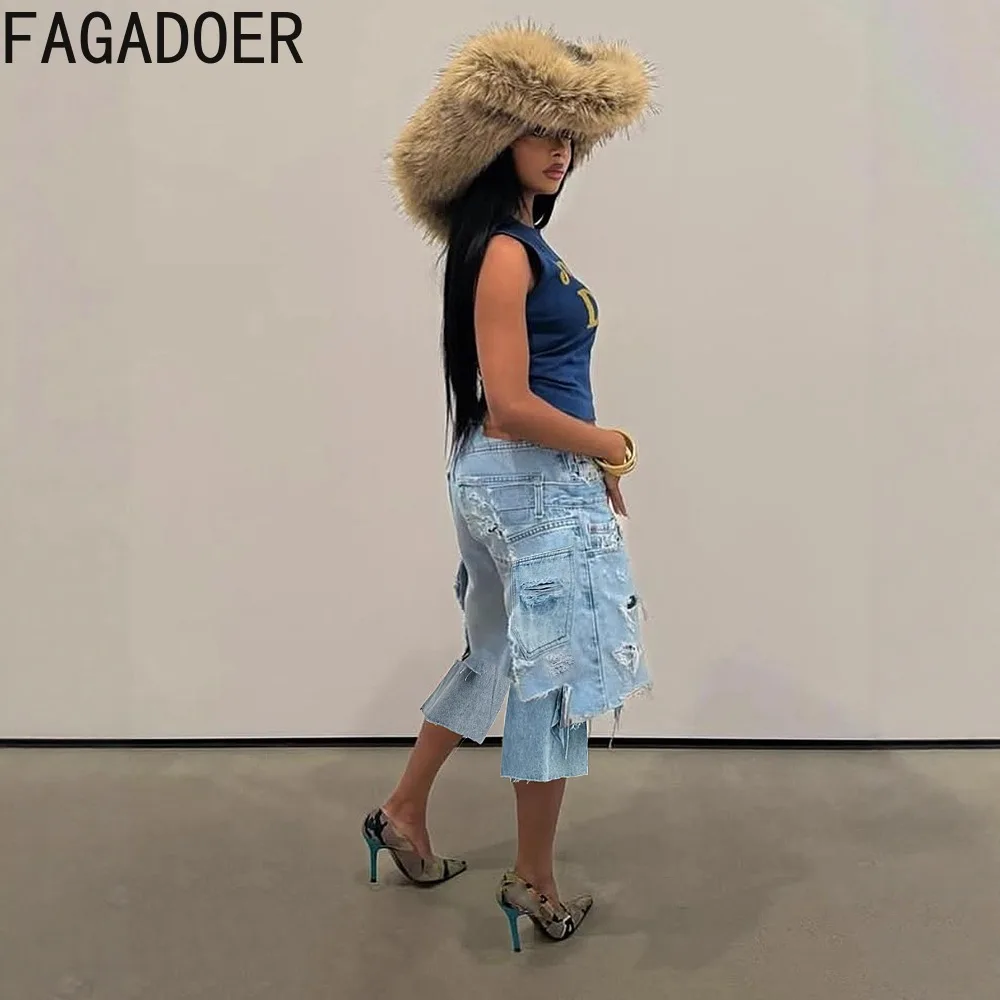 FAGADOER Fashion Holes Brushed Patchwork Denim Pants for Woman Solid Color Straight-leg Pants Female Streetwear Bottoms 2025 New