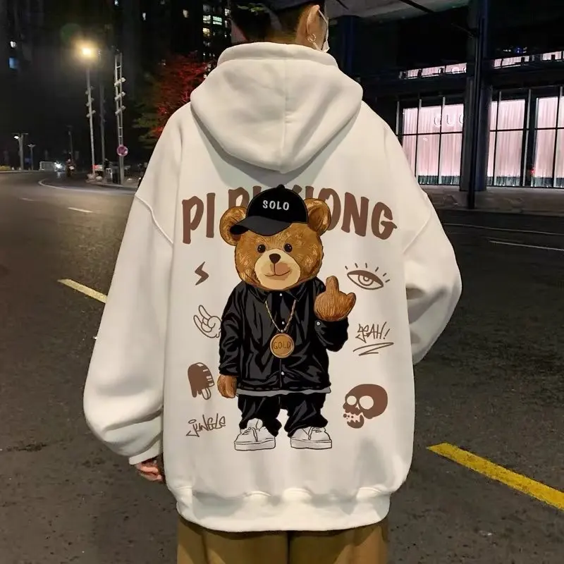 Fall Winter Fashion Bear Printed Women Hooded Loose Fleece Warm Tracksuit Sports Streetwear Fashion Hoody Casual Sweatshirt