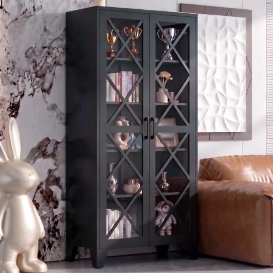 71 H Glass Display Cabinet for farmhouse use, metal construction, black finish, adjustable shelves and vintage-style hardware