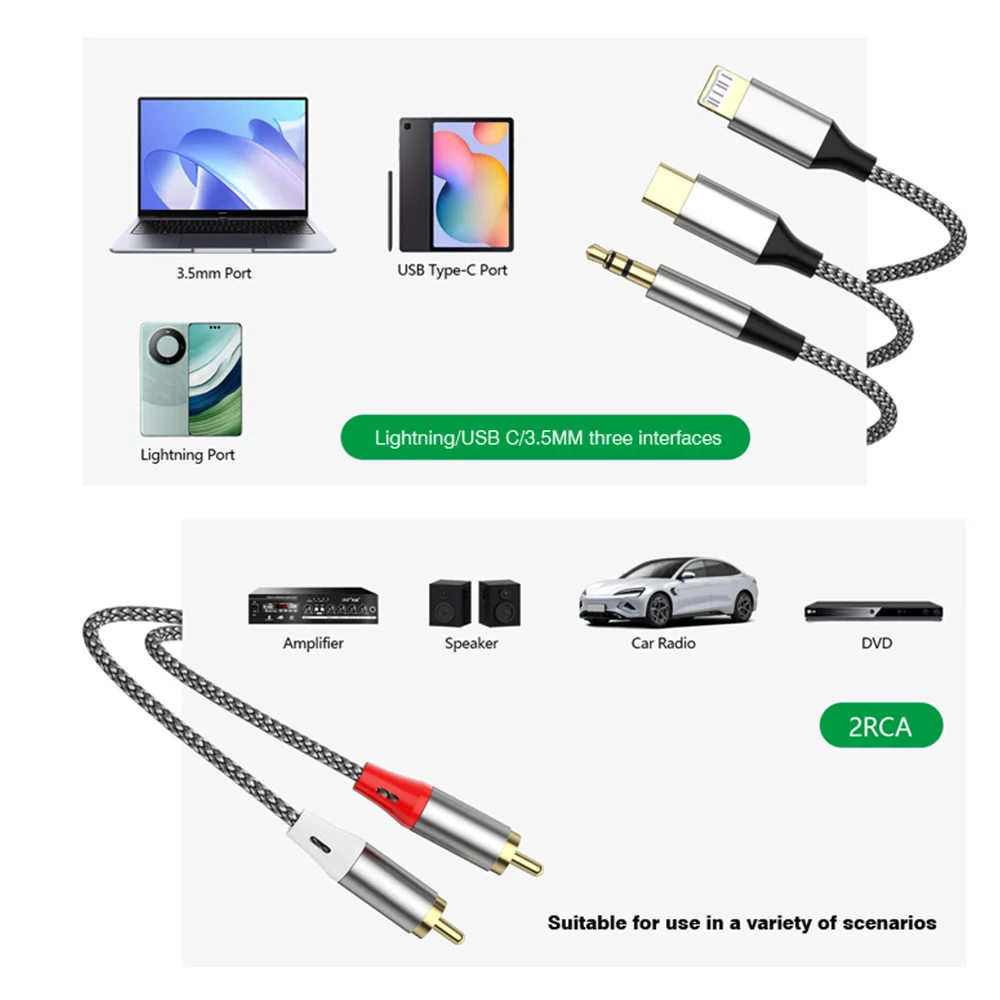 RCA Digital Audio Cable 3.5mm/Lightning/Type C to 2RCA Male to Male 3in1 Adapter For TV Box Video Amplifier Speaker Audio Cable