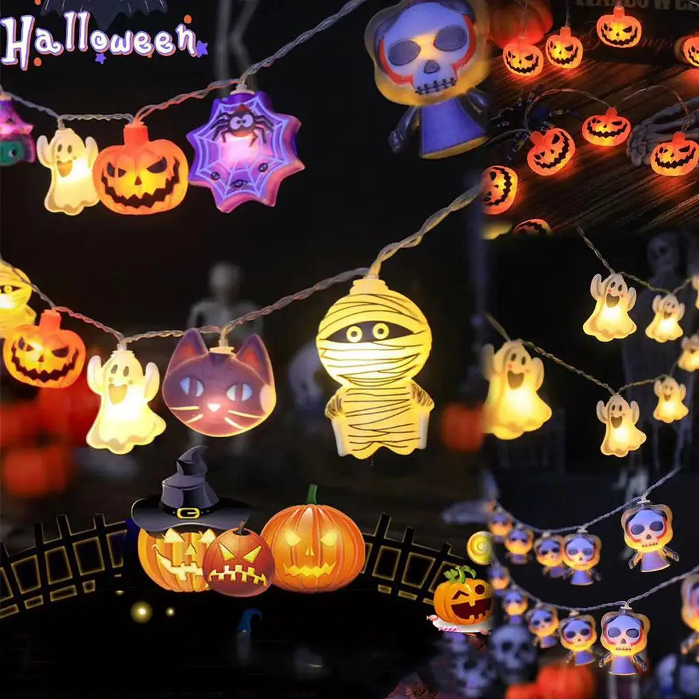 1 buah lampu String bertenaga baterai Halloween 10 LED dengan hantu penyihir kucing labu laba-laba Web kerangka Mummy bentuk bajak laut dalam ruangan