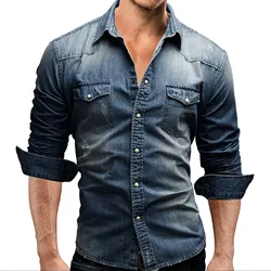 Men'S Autumn Fashion Clothing Casual Fashion Long Sleeve Lapel Shirts Solid Color Denim Washed Shirt Men'S Tops