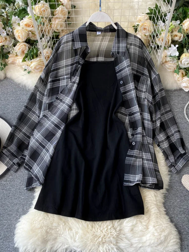 

LY VAREY LIN 2022 New Summer Autumn Casual Two Piece Set Long Sleeve Plaid Grey Overcoats Spaghetti Strap Slim Black Solid Dress