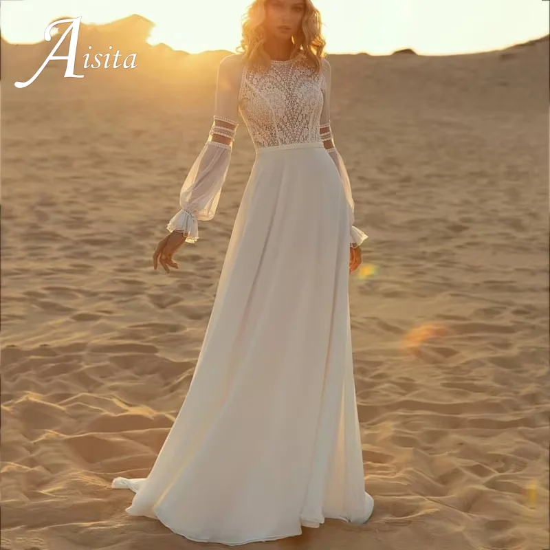 

A-Line Wedding Dresses Women Lace White Long Sleeves Illusion Back Chiffon O-Neck Vintage Princess Bridal Gown Customized