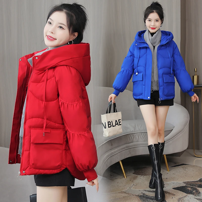 

Women's ort Puffer Jaet Thiened Cotton Coat Hooded Zipper Closure Straight Cut Korean Sle Winter Outerwear
