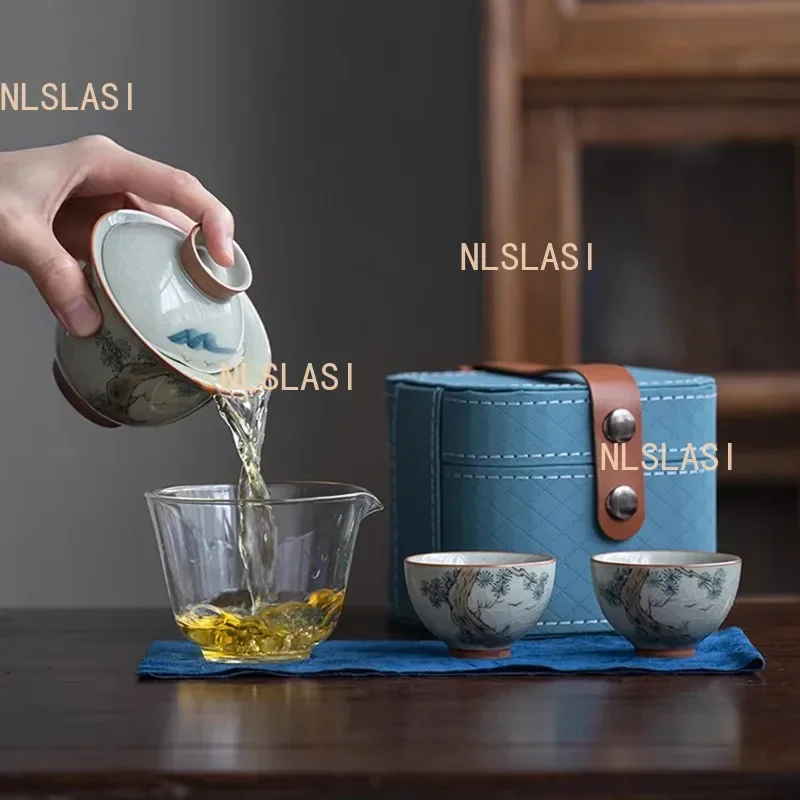 Hand-painted Travel Tea Set Office Tea Infuser Underglaze Color Ceramic Gaiwan Teacup Outdoor Portable Tea Set with Storage Bag