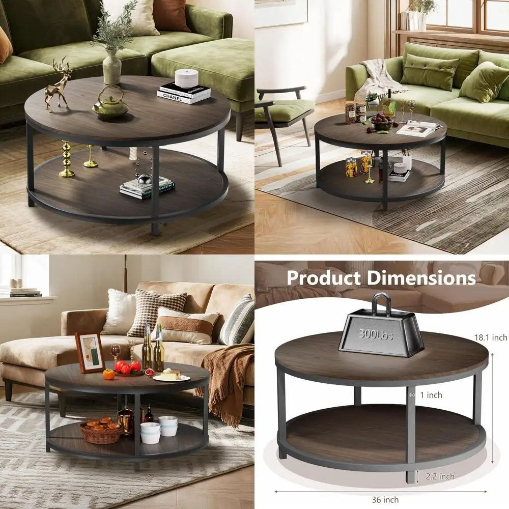 

Industrial-Style 36 Round Coffee Table with Rustic Wood Top and Metal Legs for Modern Living Spaces