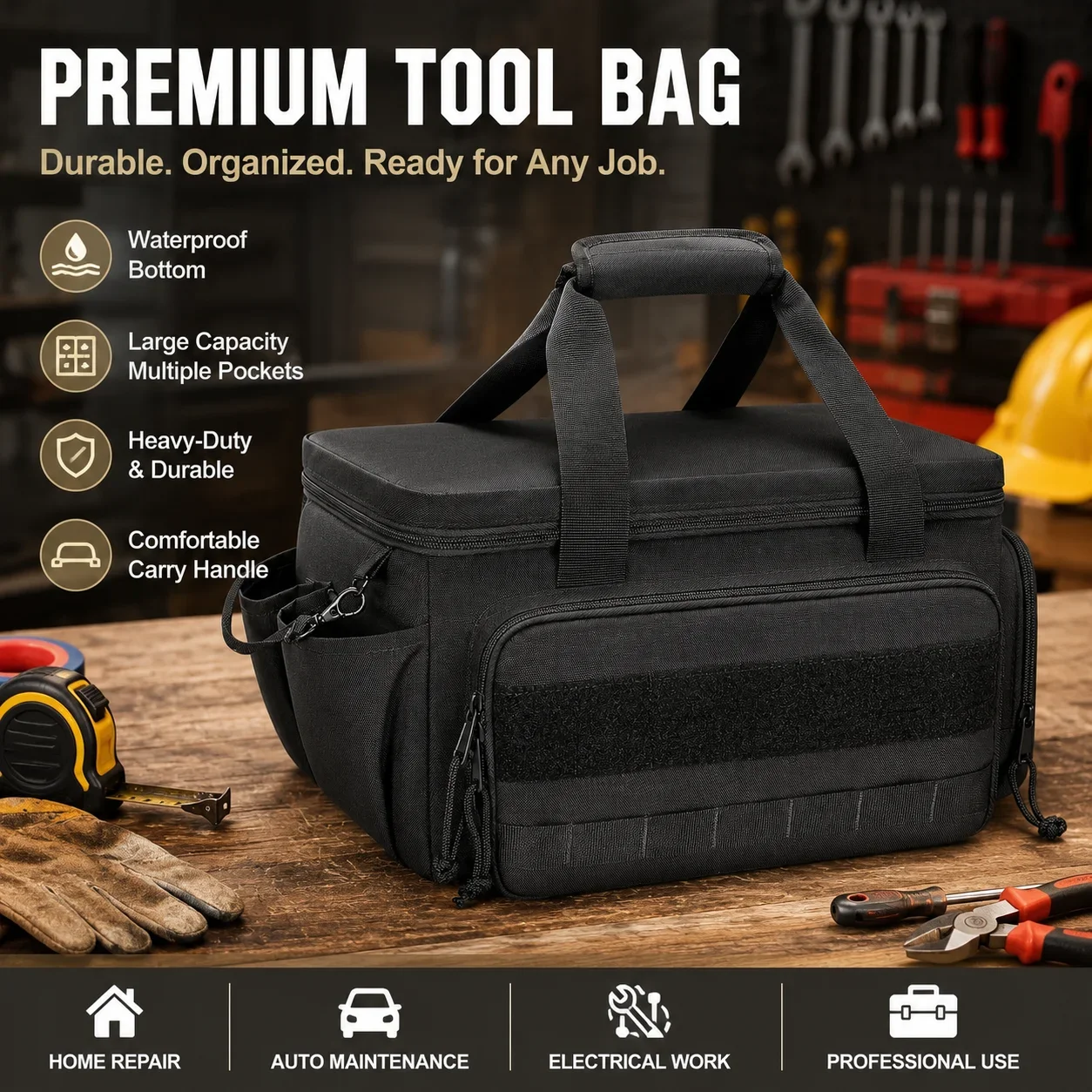 14-inch Heavy Duty Tool Bag with Wide Opening Zip Fast Access Multiple Pockets for Construction Carpentry and DIY Projects