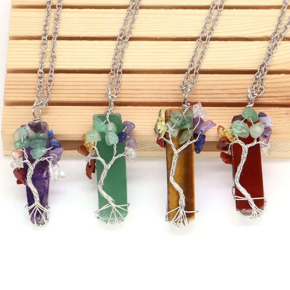 

7 Chakra Tree Of Life Gravel Chips Irregular Slice Stone Pendant Natural Healing Crystal Reiki Pink Quartz Necklace Jewelry Gift