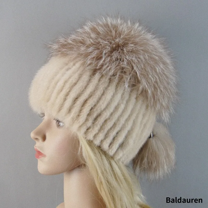 New Luxury Womens Winter Knitted 100% Real Sable Fur hat Fur Beanie Russian Mink Fur Cap With Fox Fur Pom Poms Female Warm Thick