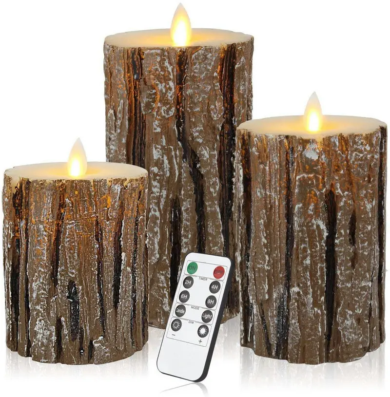 Pack of 3 Moving Dancing Swinging Wick LED Pine tree Candle set Remote control Paraffin Wax Wedding Bar Party Decoration-Amber