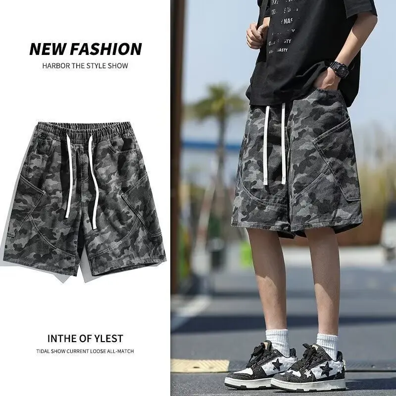 American Vintage Camouflage Work Shorts For Men, New Summer Loose Trendy Denim Shorts For Men