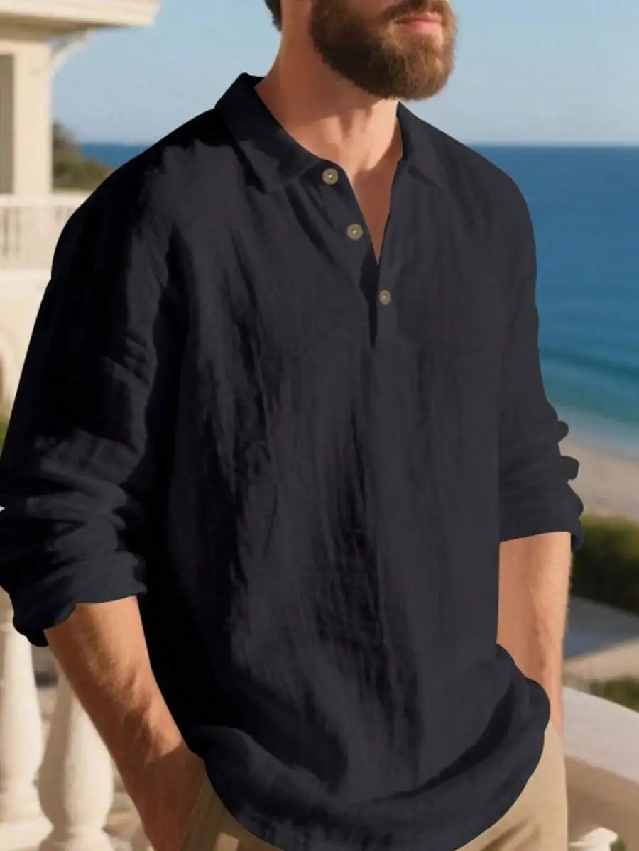 

Men's Navy Linen Long Sleeve Shirt, Half-Button Collar, Lightweight Casual Wear for Beach or Travel
