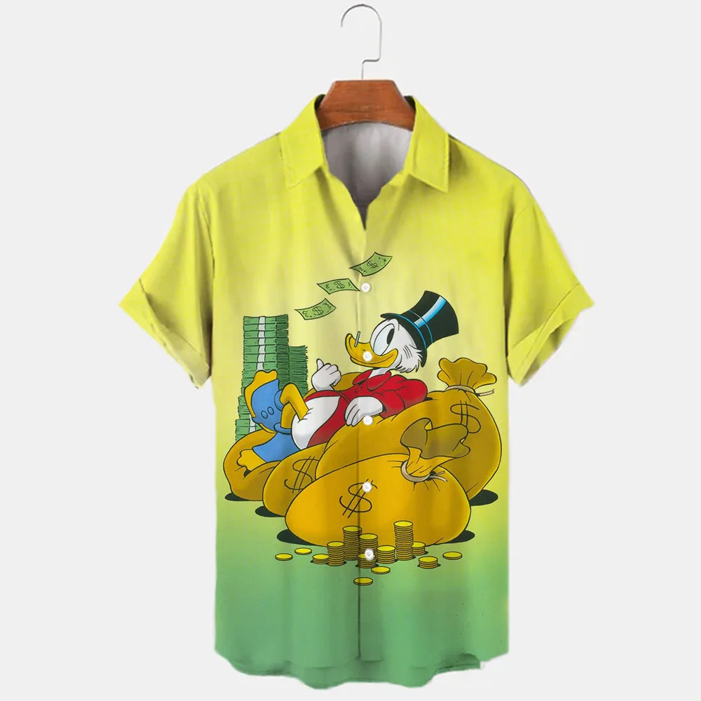 Street Style New Summer Mickey Donald Duck Cartoon 3D Print New Short Sleeve Lapel Shirt Slim Men's Fashion Casual Men's Top