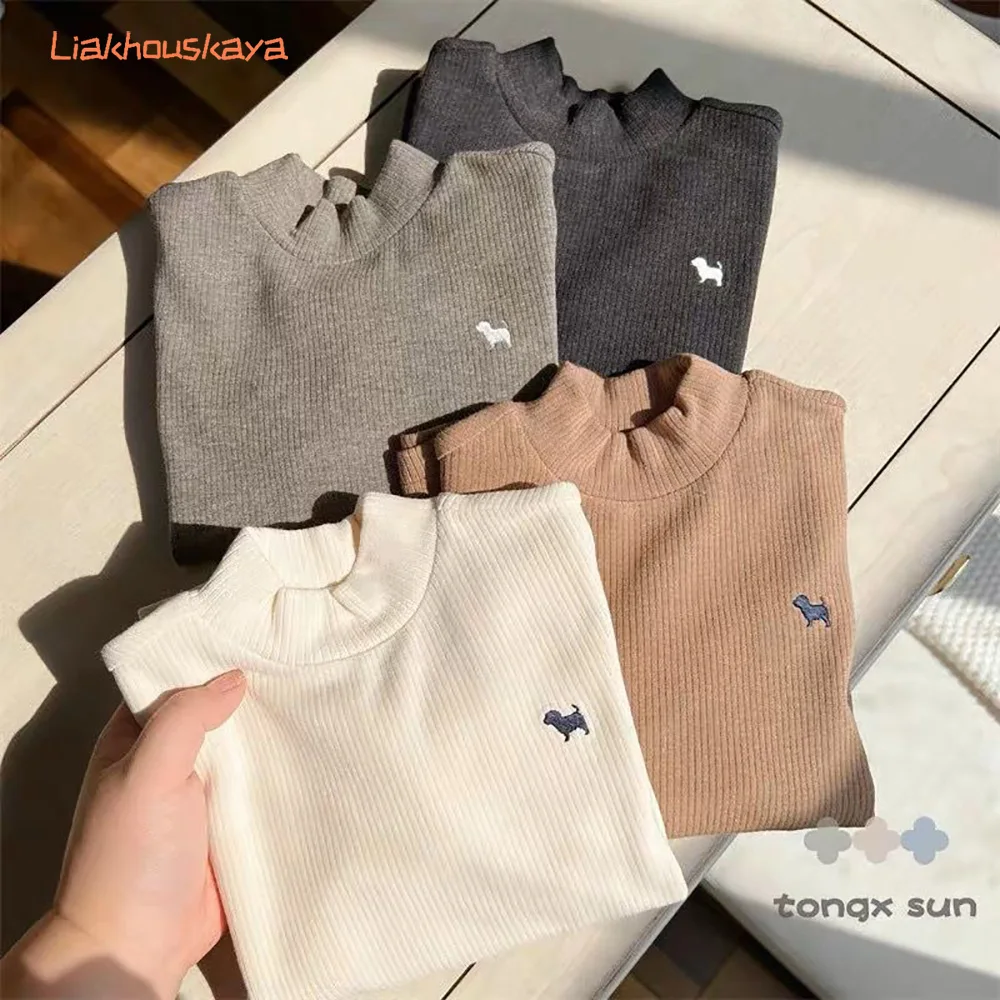 2026 Spring Autumn Kids Dralon Lined Thermal Base Layer Half High Collar Stripe Knit Soft Stretch Warm Undershirt Top For 2-14Y