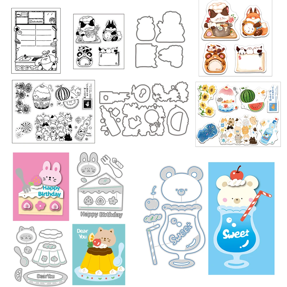 Soda Bear Pudding Cat Cake Bunny Dessert Series Cutting Dies Summer Cats Stamps New 2024 For DIY Scrarpbooking Paper Card Making