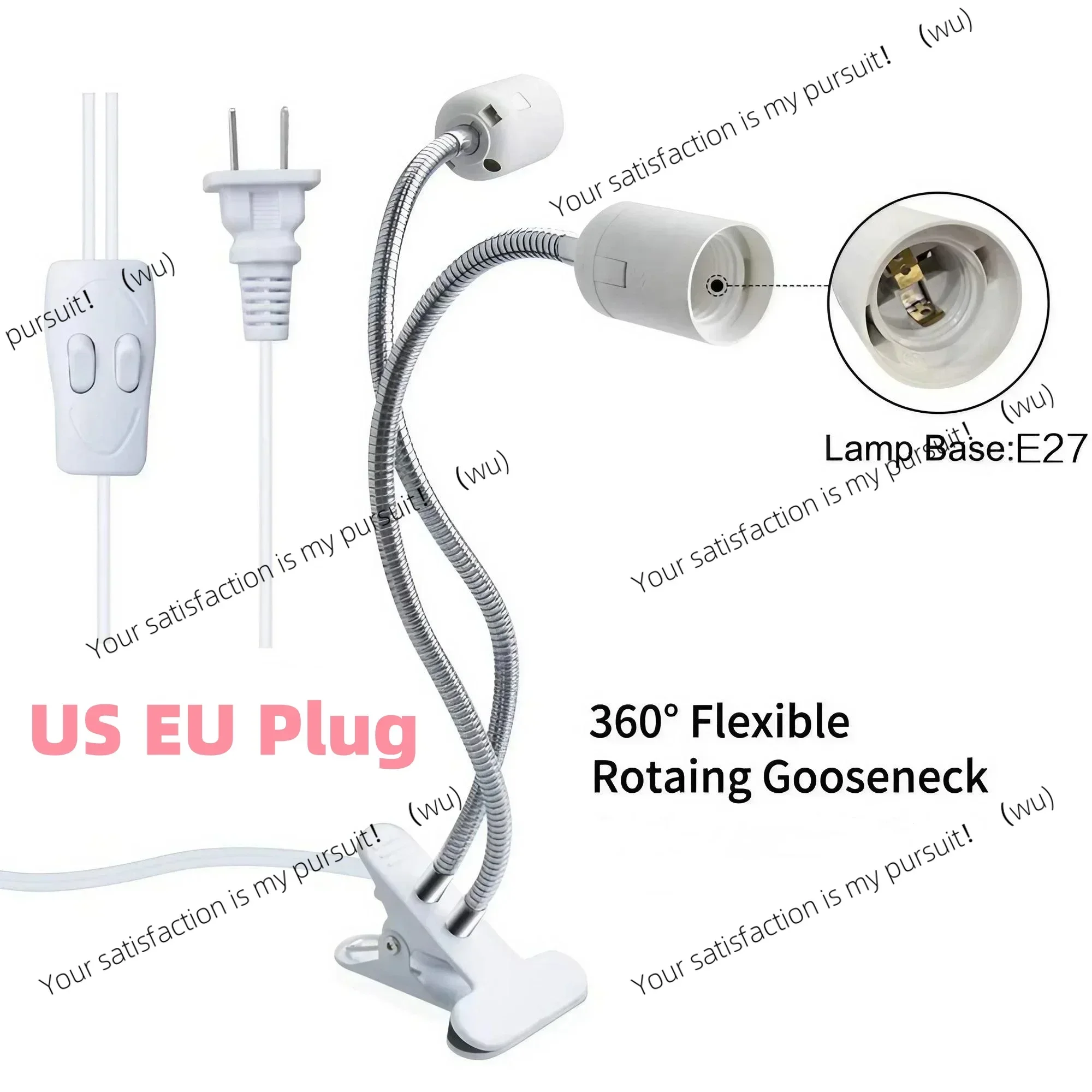 360 Degree Flexible Desk Lamp Holder E27 EU US Plug Light Base Single/Double Ended Socket Gooseneck Clip-on Cable with On Switch