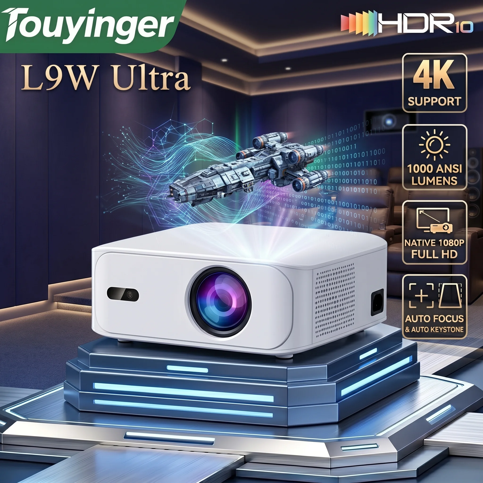 Intelligenter tragbarer Mini-Projektor TouYinger L9W Ultra 1000 ANSI 3600 Lumen Native 1080P Full HD 4K Autofokus Auto-Keystone Bluetooth 15000:1 LED Eingebauter Lautsprecher Heimkino-Beamer Proyector