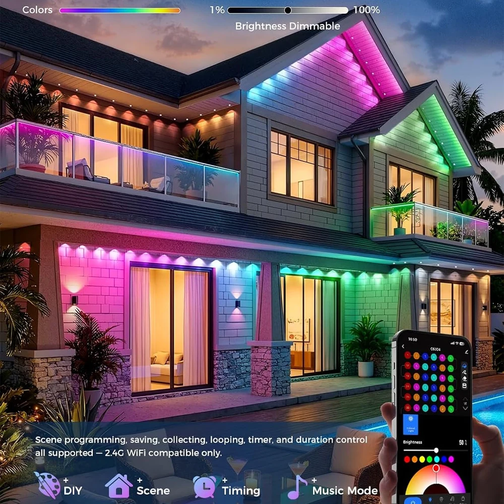 LED Permanent Outdoor Lights,200FT RGBIC Eaves Lights with APP Remote Control  IP67 Waterproof String Lights for Christmas