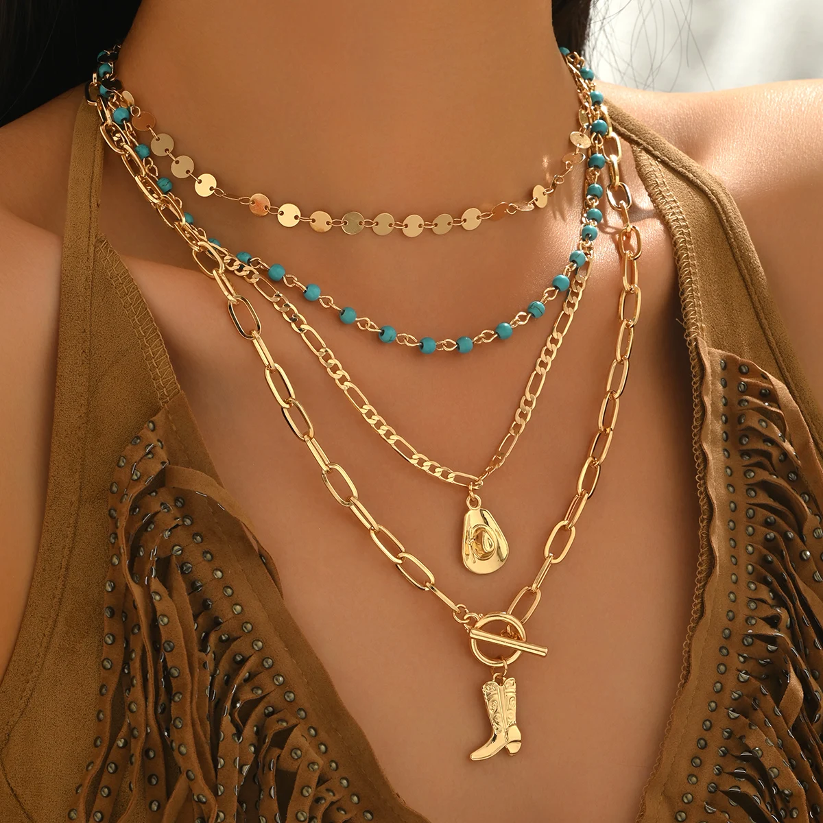4 Piece Layered Turquoise Bead Necklace Gold Silver Cowboy Hat Boot Pendant Western Boho Summer Trendy Jewelry for Women