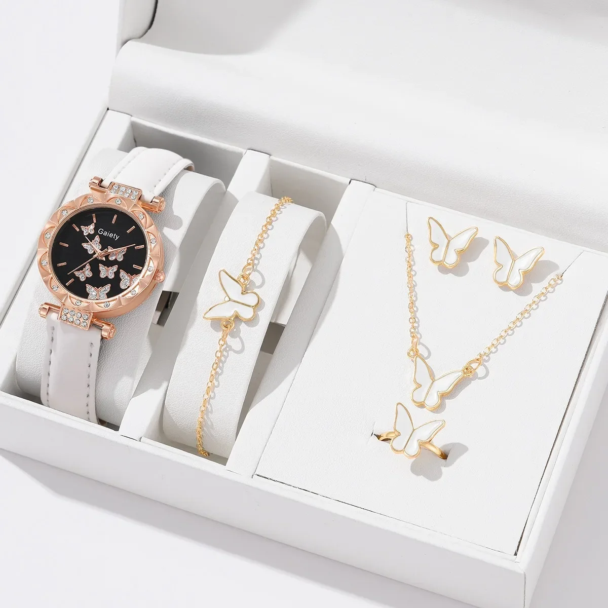 Women Watch Ring Necklace Earrings Bracelet Set Watches Butterfly Leather Strap Ladies Quartz WristWatch (No Box)