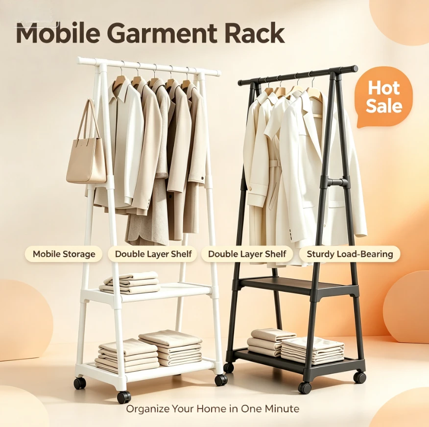 Multifunctional Dormitory Storage Clothes Drying Rack Freestanding Clothing Rack Simple Mobile Garment Hanging Display Rack