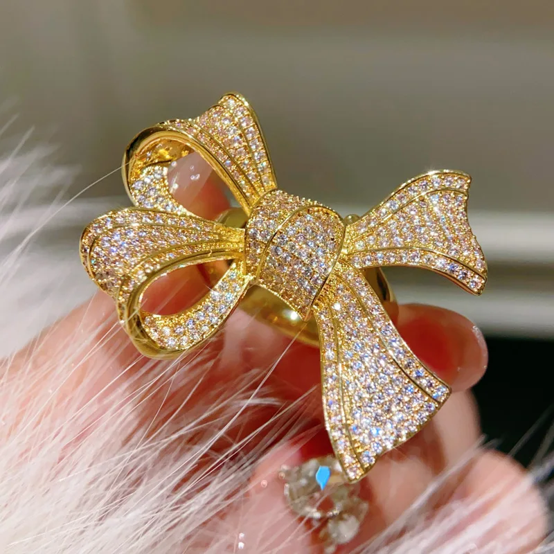 Bowknot Shape Gold Tone Cubic Zirconia Ring for Women Full Paved Cubic Zirconia Daily Fashion Jewelry