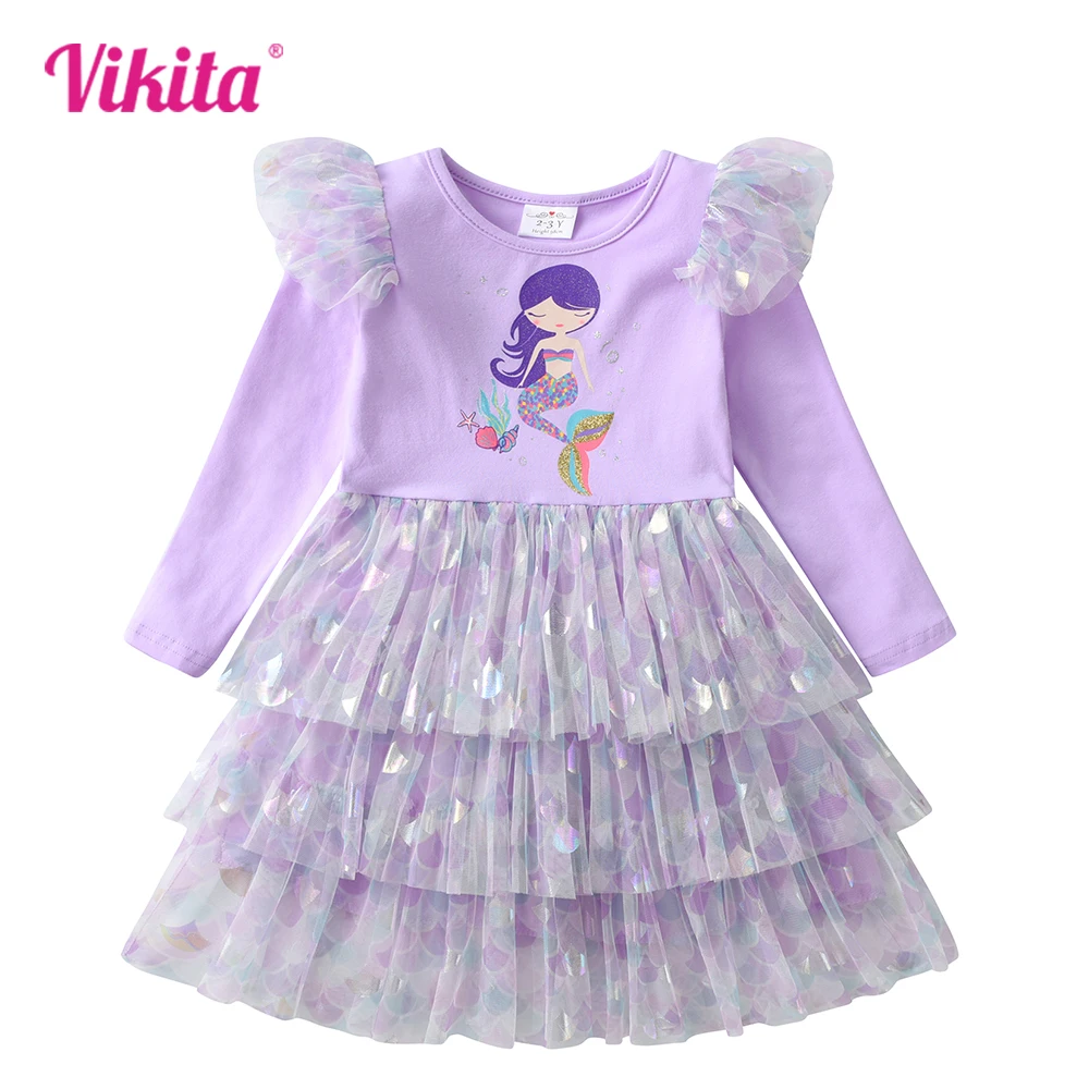 VIKITA Kids Princess Dress Girls Mermaid Print Cartoon Vestidos Layered Mesh Tulle Birthday Party Performance Elegant Dresses