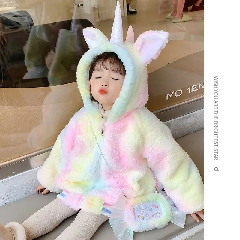 2024Girls\' Autumn and Winter New Western Style Cotton Padded Thickened Rainbow Unicorn Cute Furry Sweater